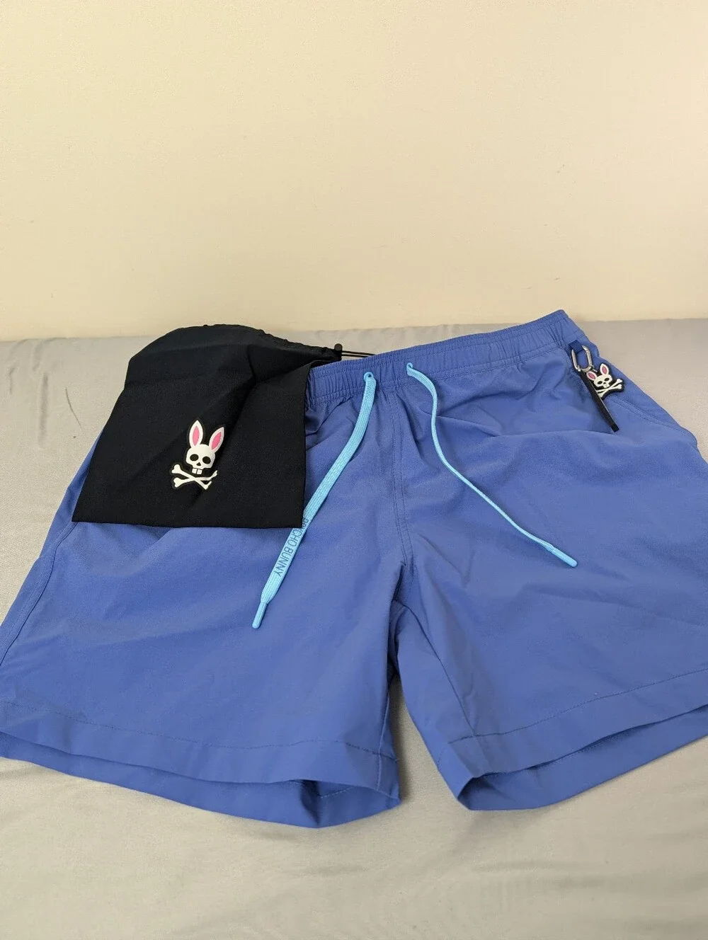 Psycho Bunny Blue Swim Trunks with Light Blue Drawcords B36